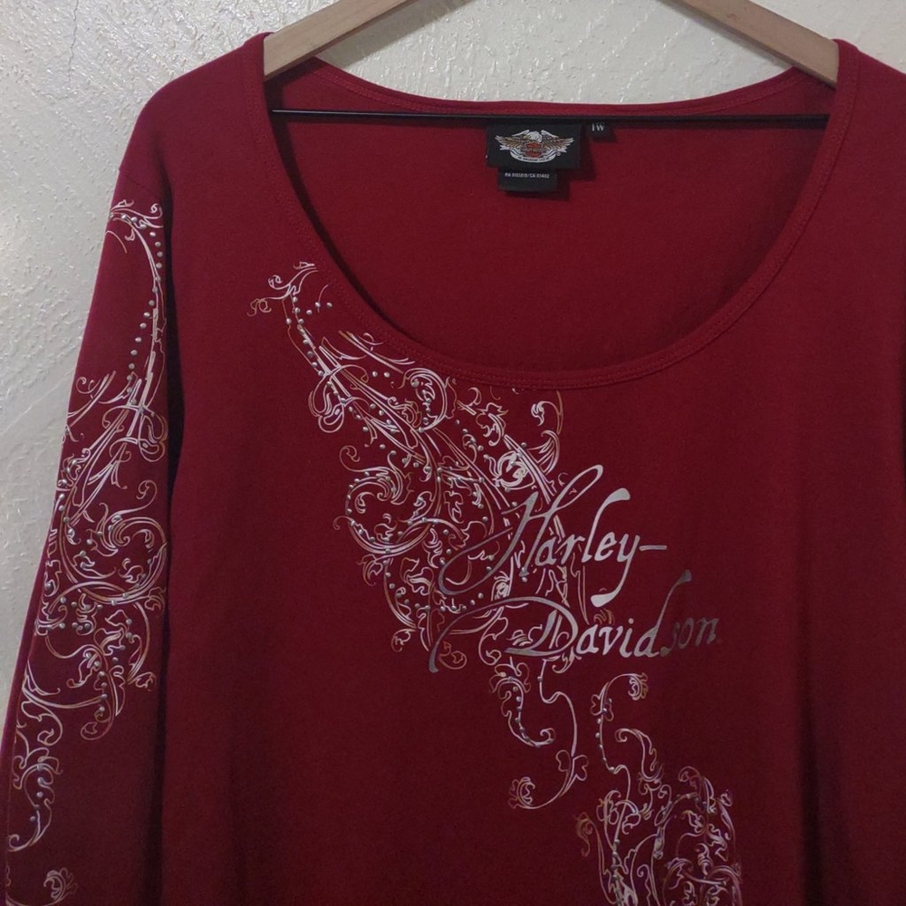 Y2K HARLEY-DAVIDSON RED SCRIPT TATTOO STYLE LONG SLEEVE WOMENS 1X